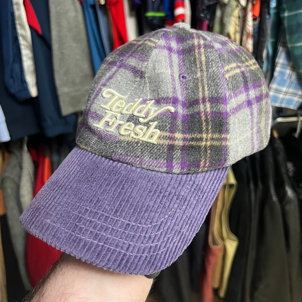 Teddy Fresh Plaid Corduroy Baseball Cap Purple Grey Adjustable‎ Strap Logo